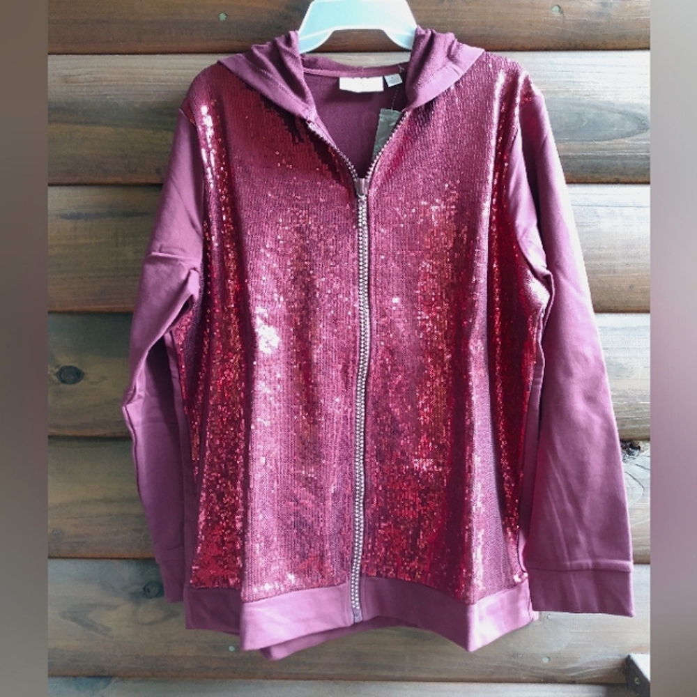 Quacker Factory Sequin French Terry Zip Front Jacket w/Hood